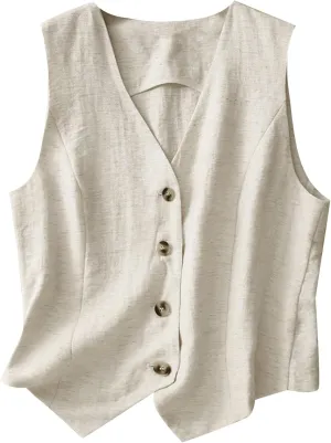 MINTLIMIT Women's Linen Vest Casual Button Down Sleeveless V Neck Lightweight Business Jacket Waistcoat Vest with Pocket