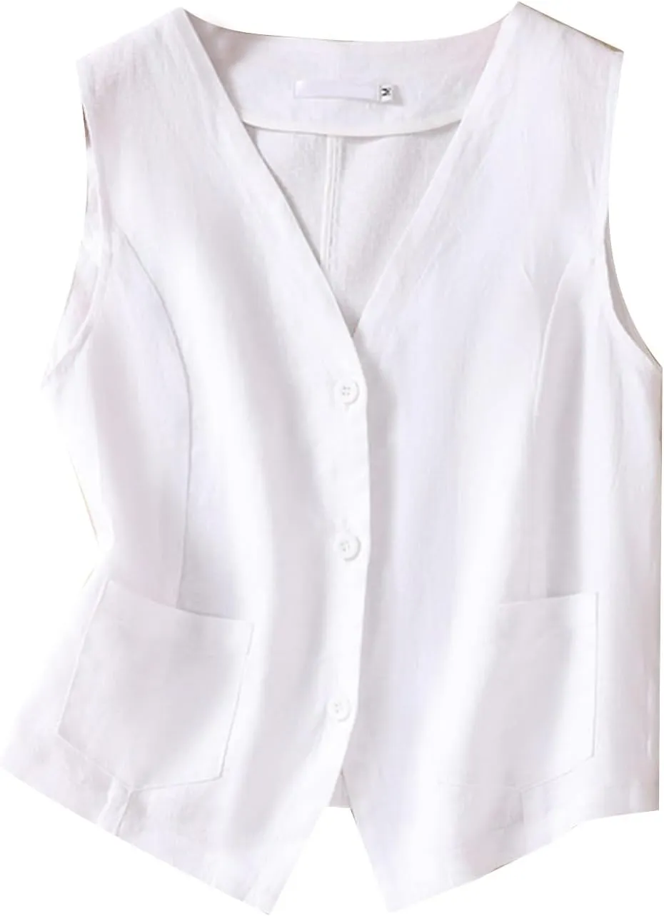 MINTLIMIT Women's Linen Vest Casual Button Down Sleeveless V Neck Lightweight Business Jacket Waistcoat Vest with Pocket