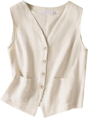 MINTLIMIT Women's Linen Vest Casual Button Down Sleeveless V Neck Lightweight Business Jacket Waistcoat Vest with Pocket