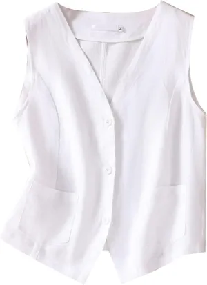MINTLIMIT Women's Linen Vest Casual Button Down Sleeveless V Neck Lightweight Business Jacket Waistcoat Vest with Pocket