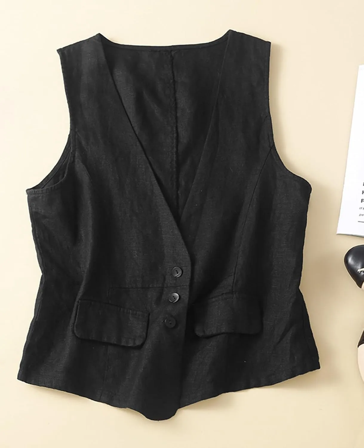 MINTLIMIT Women's Linen Vest Casual Button Down Sleeveless V Neck Lightweight Business Jacket Waistcoat Vest with Pocket