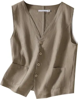 MINTLIMIT Women's Linen Vest Casual Button Down Sleeveless V Neck Lightweight Business Jacket Waistcoat Vest with Pocket