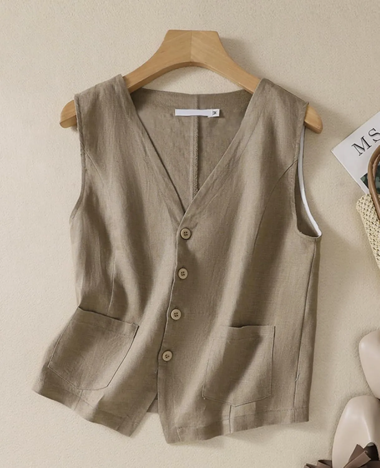 MINTLIMIT Women's Linen Vest Casual Button Down Sleeveless V Neck Lightweight Business Jacket Waistcoat Vest with Pocket