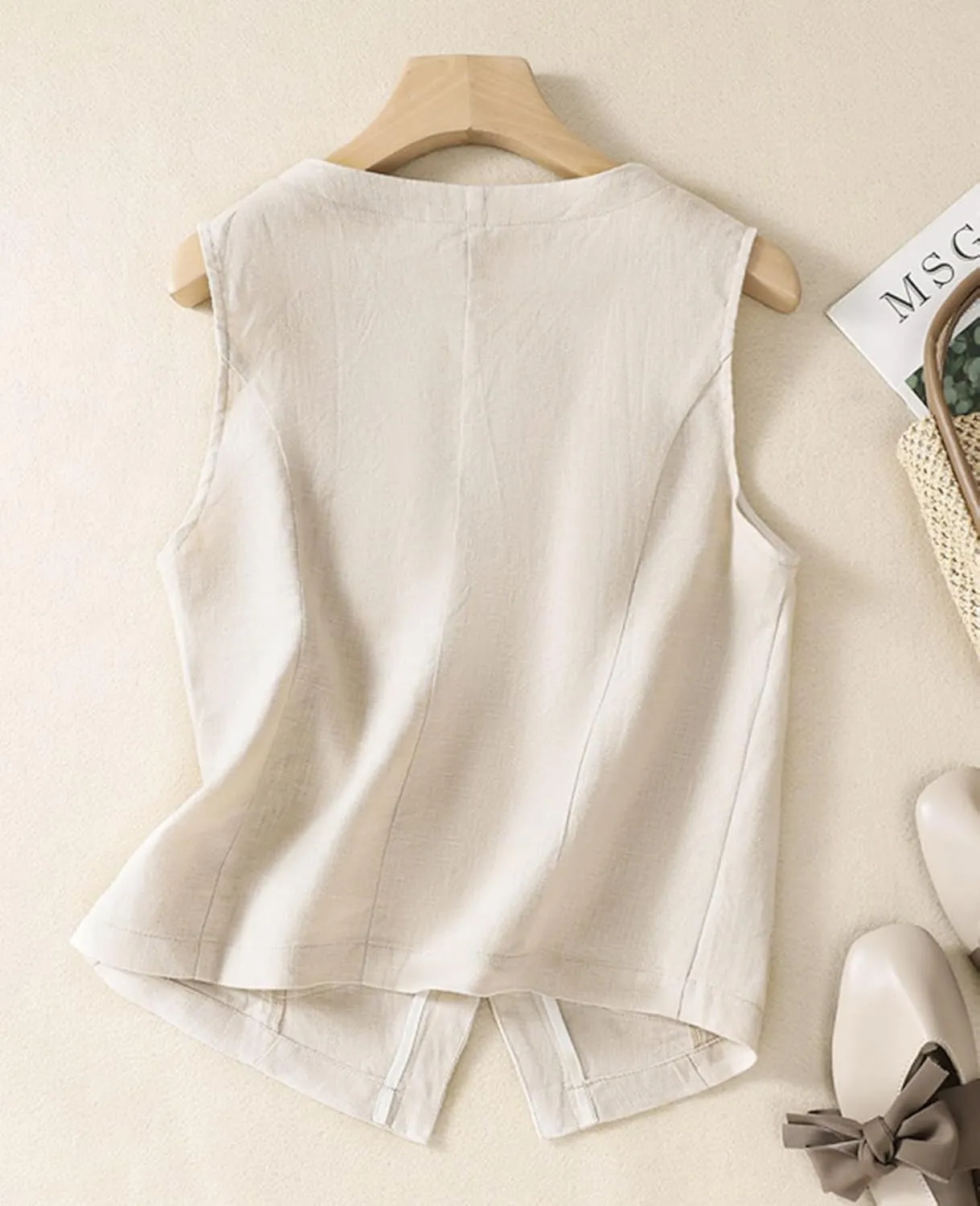 MINTLIMIT Women's Linen Vest Casual Button Down Sleeveless V Neck Lightweight Business Jacket Waistcoat Vest with Pocket