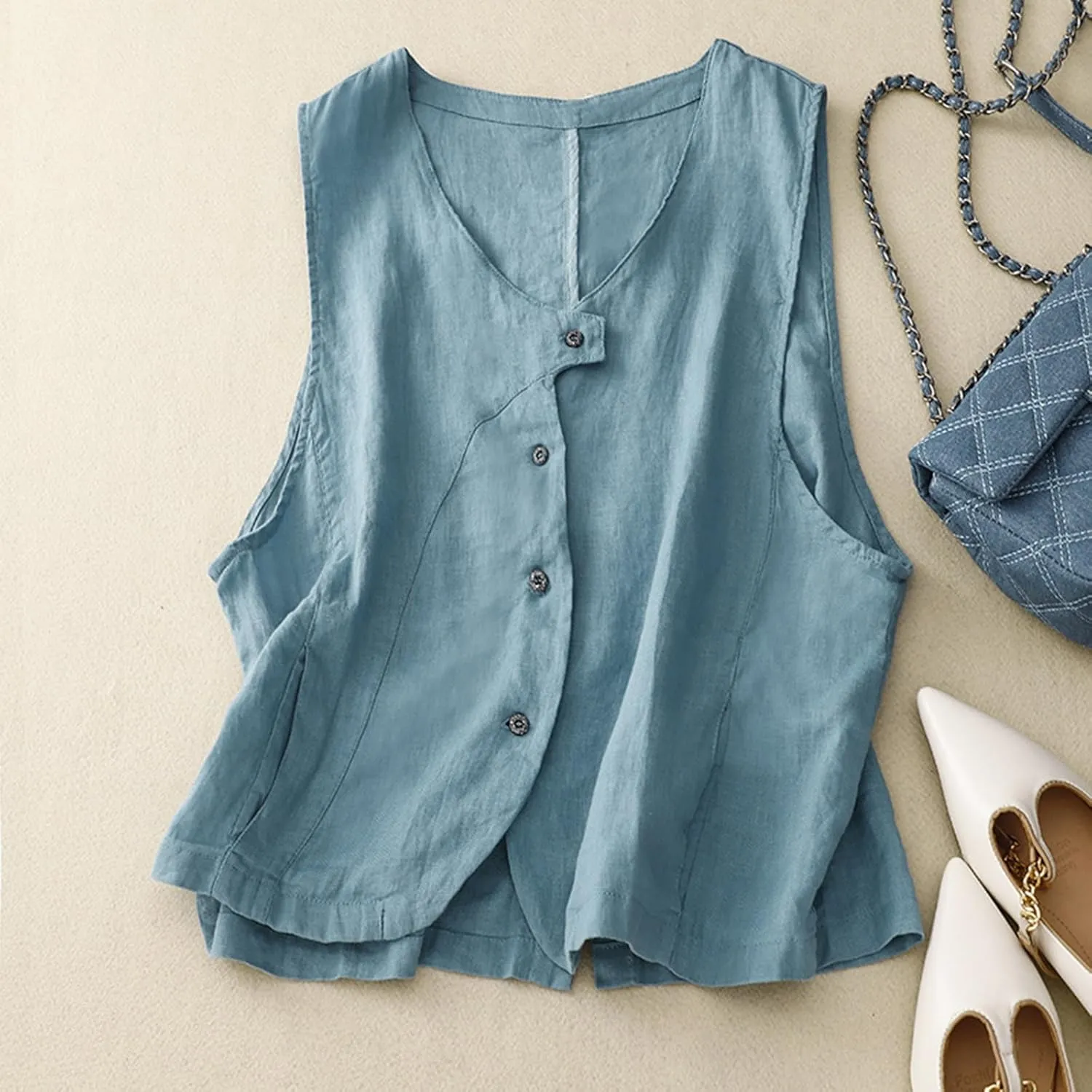 MINTLIMIT Women's Linen Vest Summer Sleeveless Scoop Neck Waistcoat Lightweight Work Casual Cotton Blazer Vest