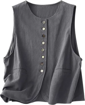 MINTLIMIT Women's Linen Vest Summer Sleeveless Scoop Neck Waistcoat Lightweight Work Casual Cotton Blazer Vest