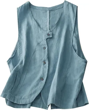 MINTLIMIT Women's Linen Vest Summer Sleeveless Scoop Neck Waistcoat Lightweight Work Casual Cotton Blazer Vest