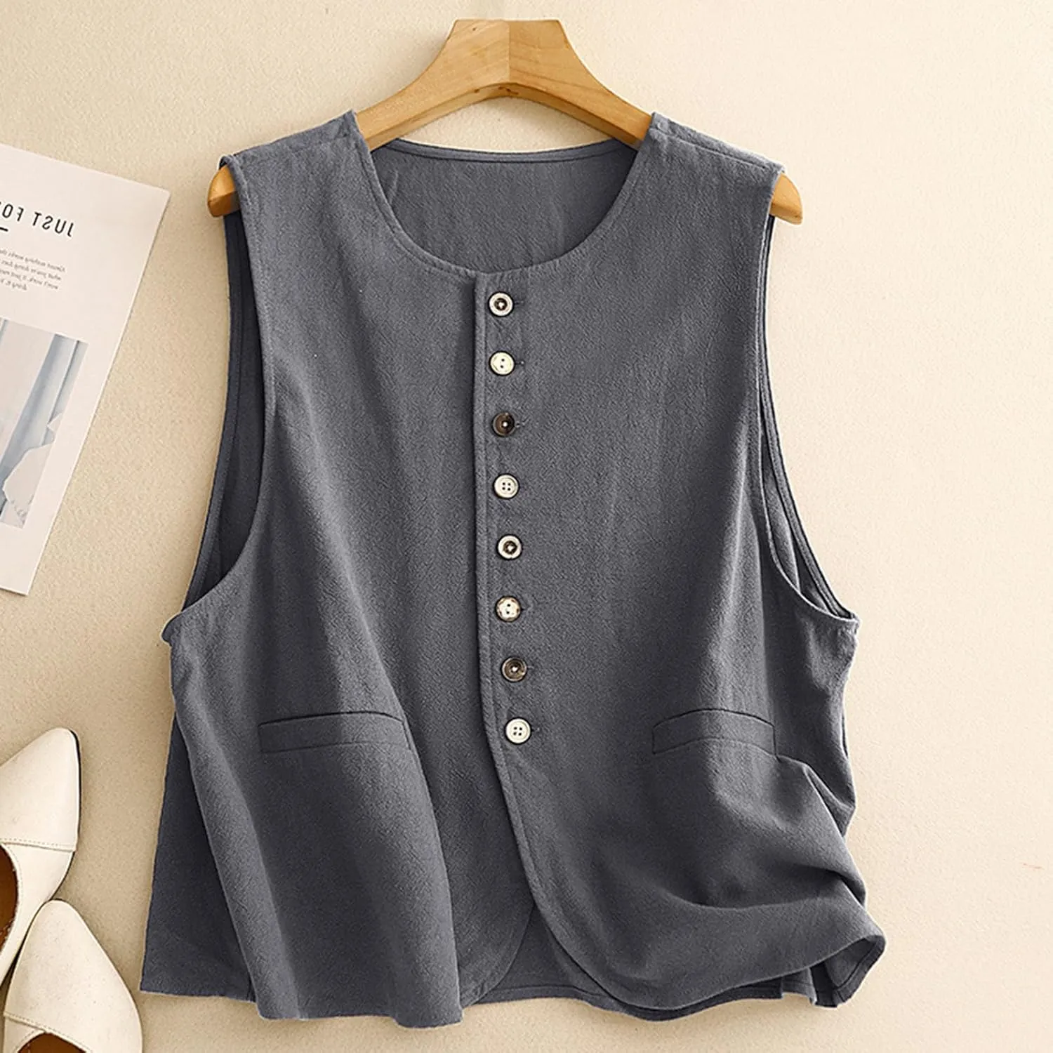 MINTLIMIT Women's Linen Vest Summer Sleeveless Scoop Neck Waistcoat Lightweight Work Casual Cotton Blazer Vest