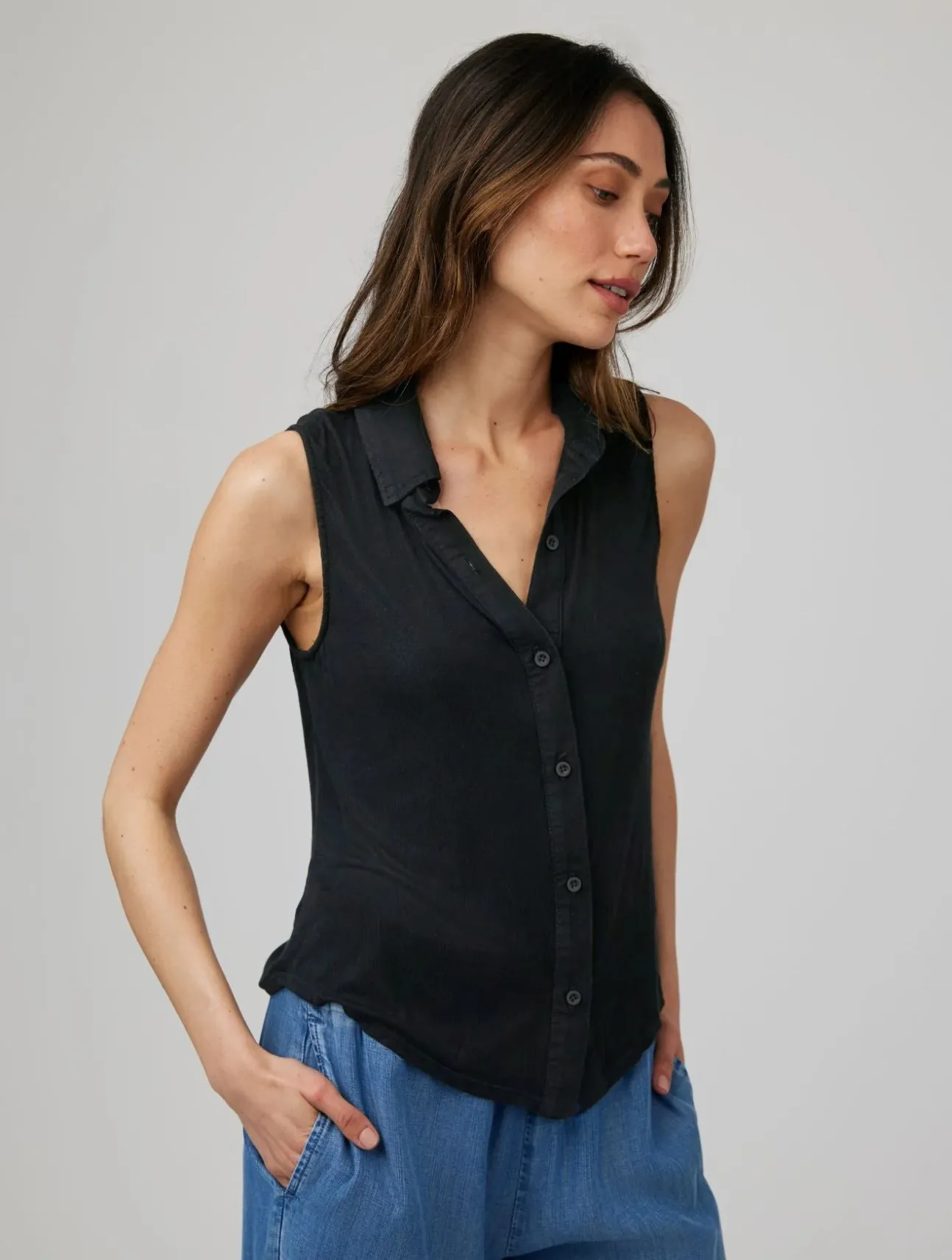 Mixed Sleeveless Button Down
