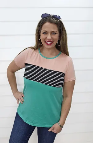 Miya Color Block Top: Peach/Black Stripe/Mint