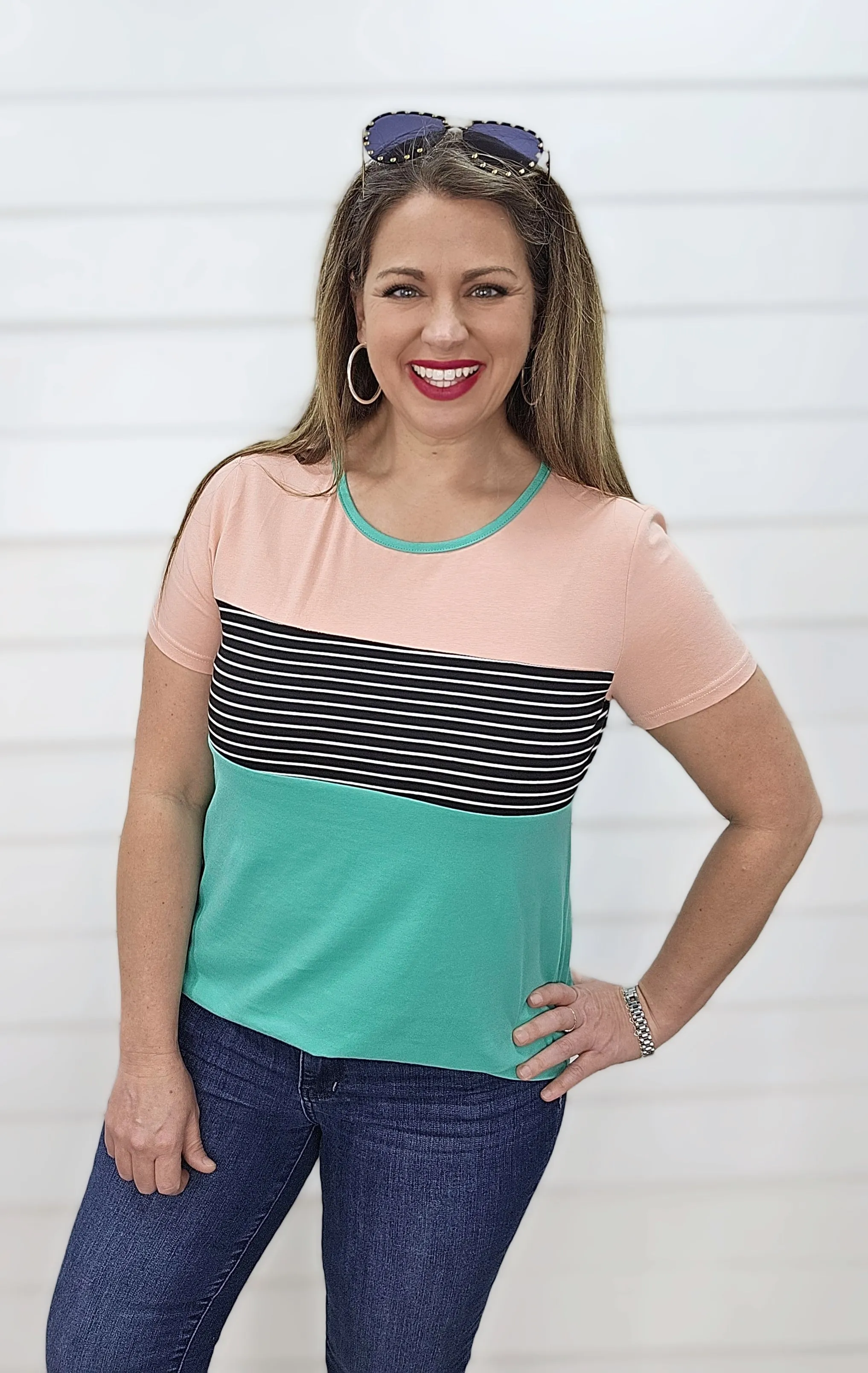 Miya Color Block Top: Peach/Black Stripe/Mint