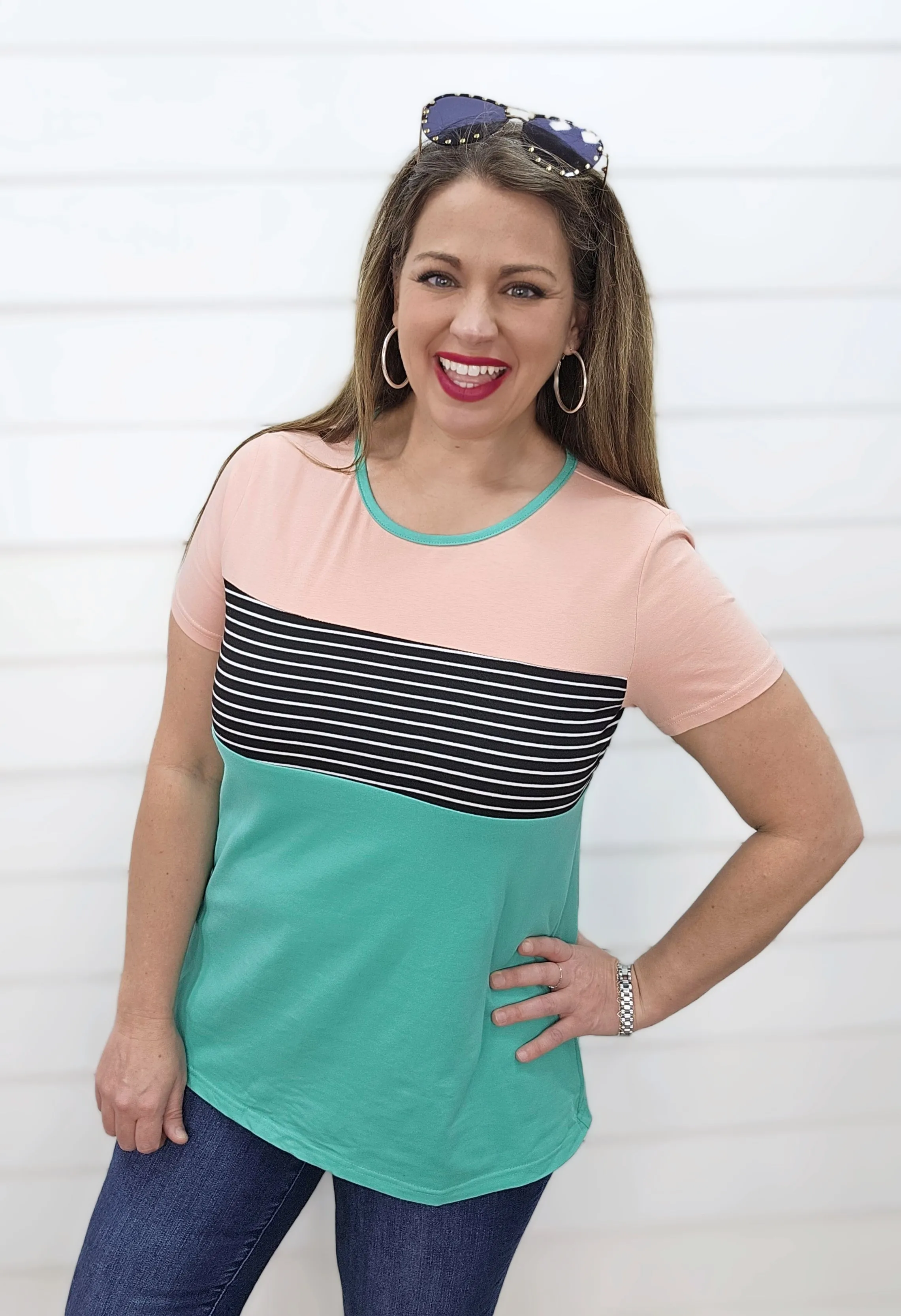 Miya Color Block Top: Peach/Black Stripe/Mint