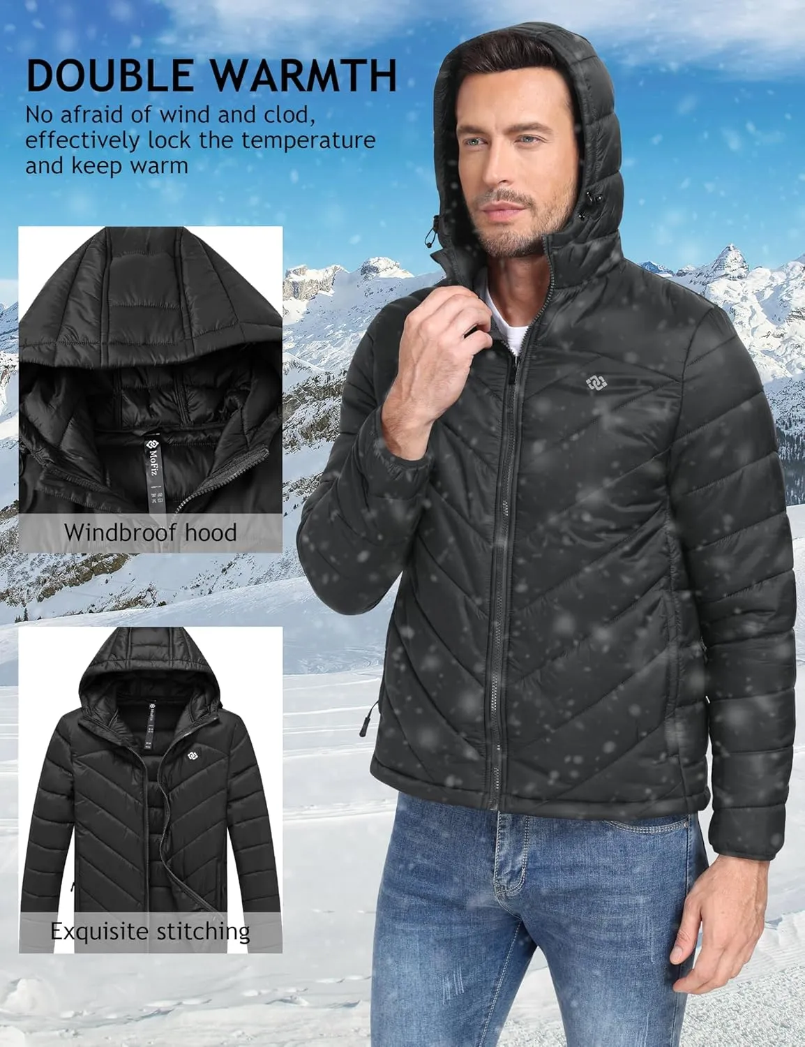 MoFiz Men's Lightweight Puffer Jacket Hooded Insulated Winter Puffy Coat Full Zip Water Resistant Windproof Hiking Jacket