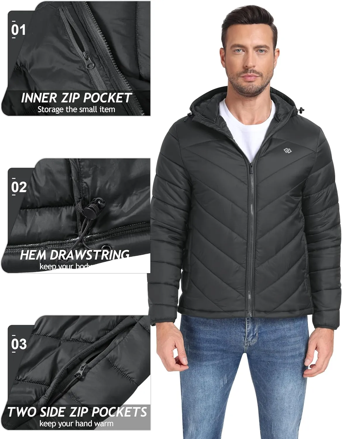 MoFiz Men's Lightweight Puffer Jacket Hooded Insulated Winter Puffy Coat Full Zip Water Resistant Windproof Hiking Jacket