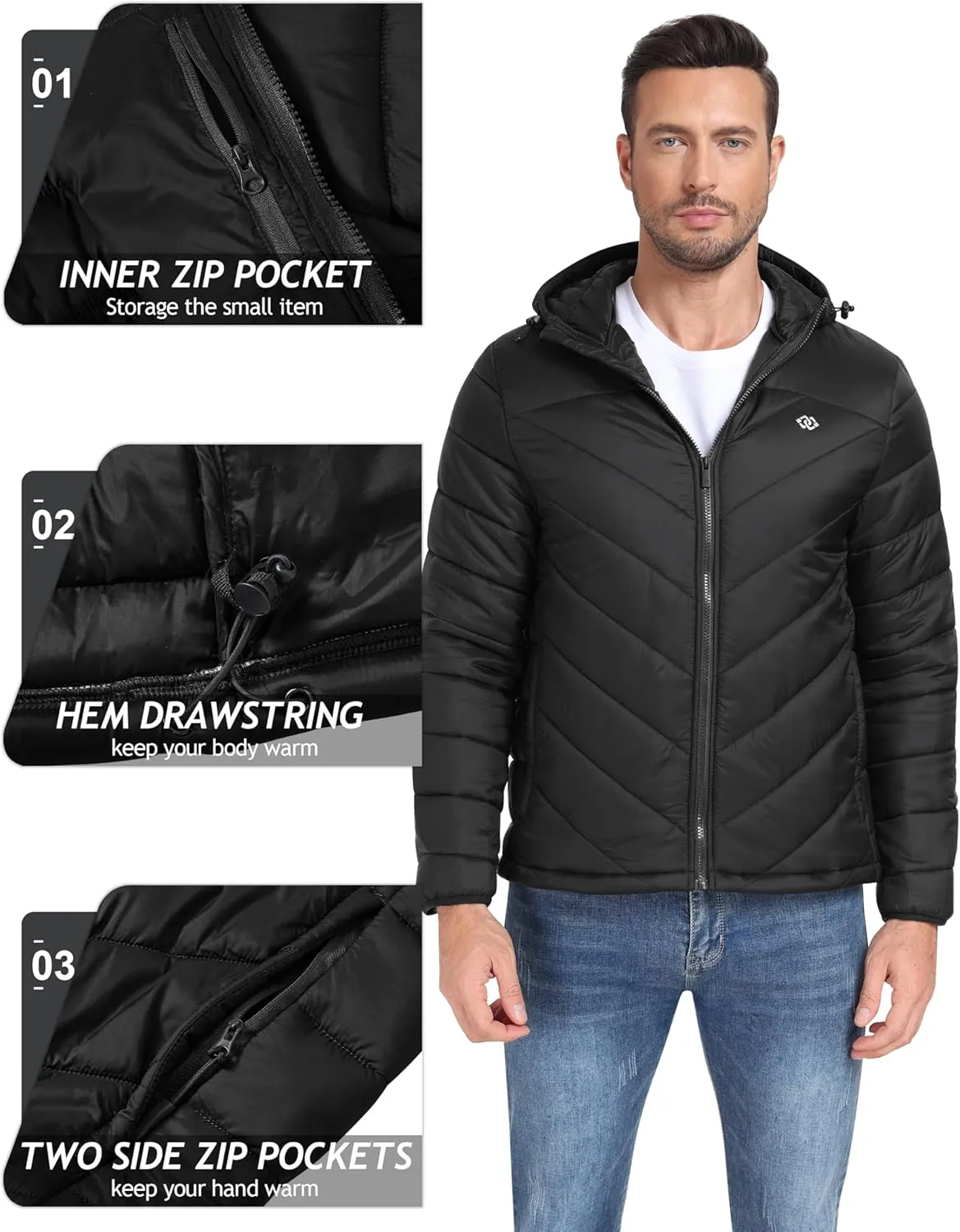 MoFiz Men's Lightweight Puffer Jacket Hooded Insulated Winter Puffy Coat Full Zip Water Resistant Windproof Hiking Jacket
