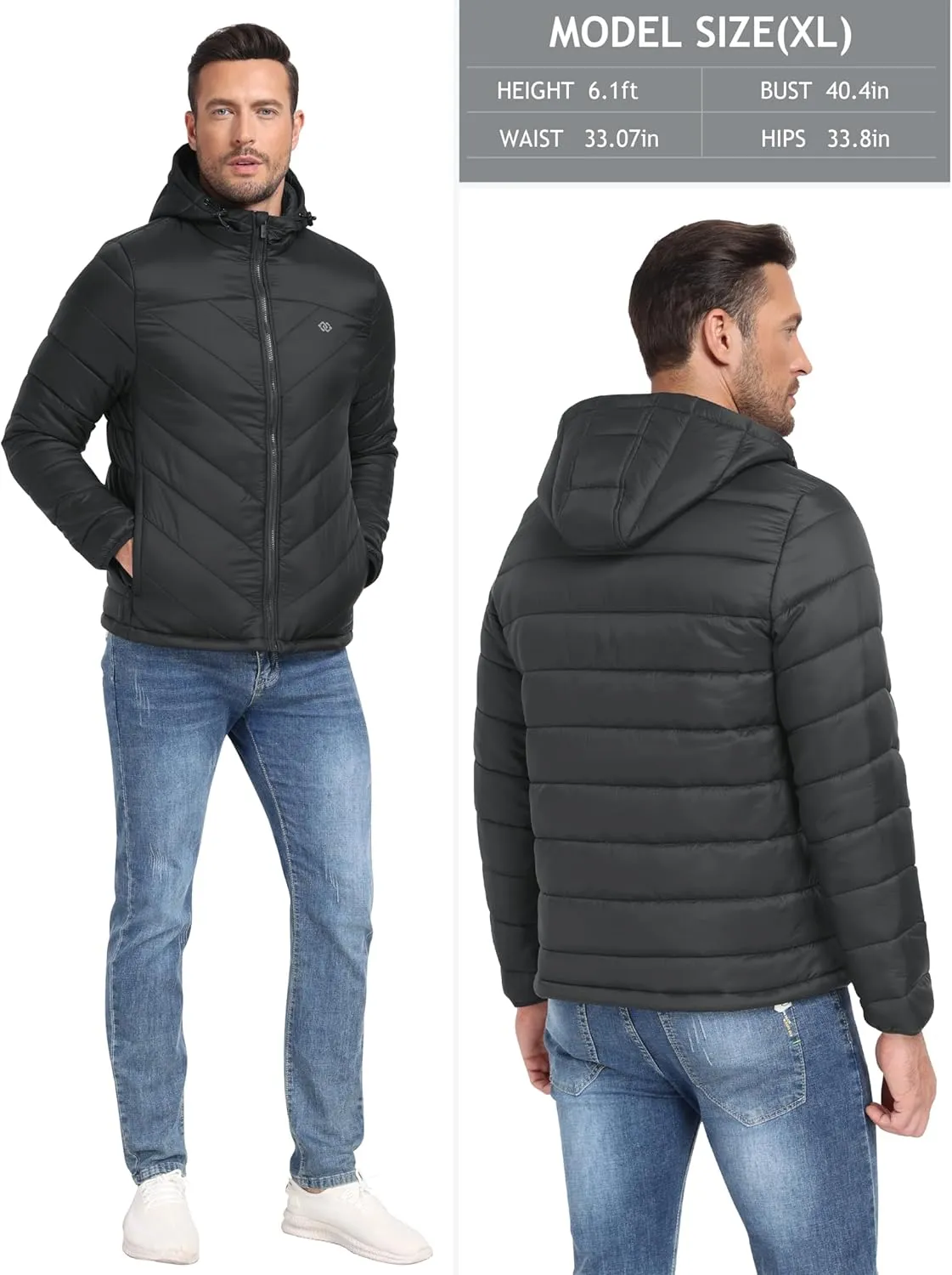 MoFiz Men's Lightweight Puffer Jacket Hooded Insulated Winter Puffy Coat Full Zip Water Resistant Windproof Hiking Jacket