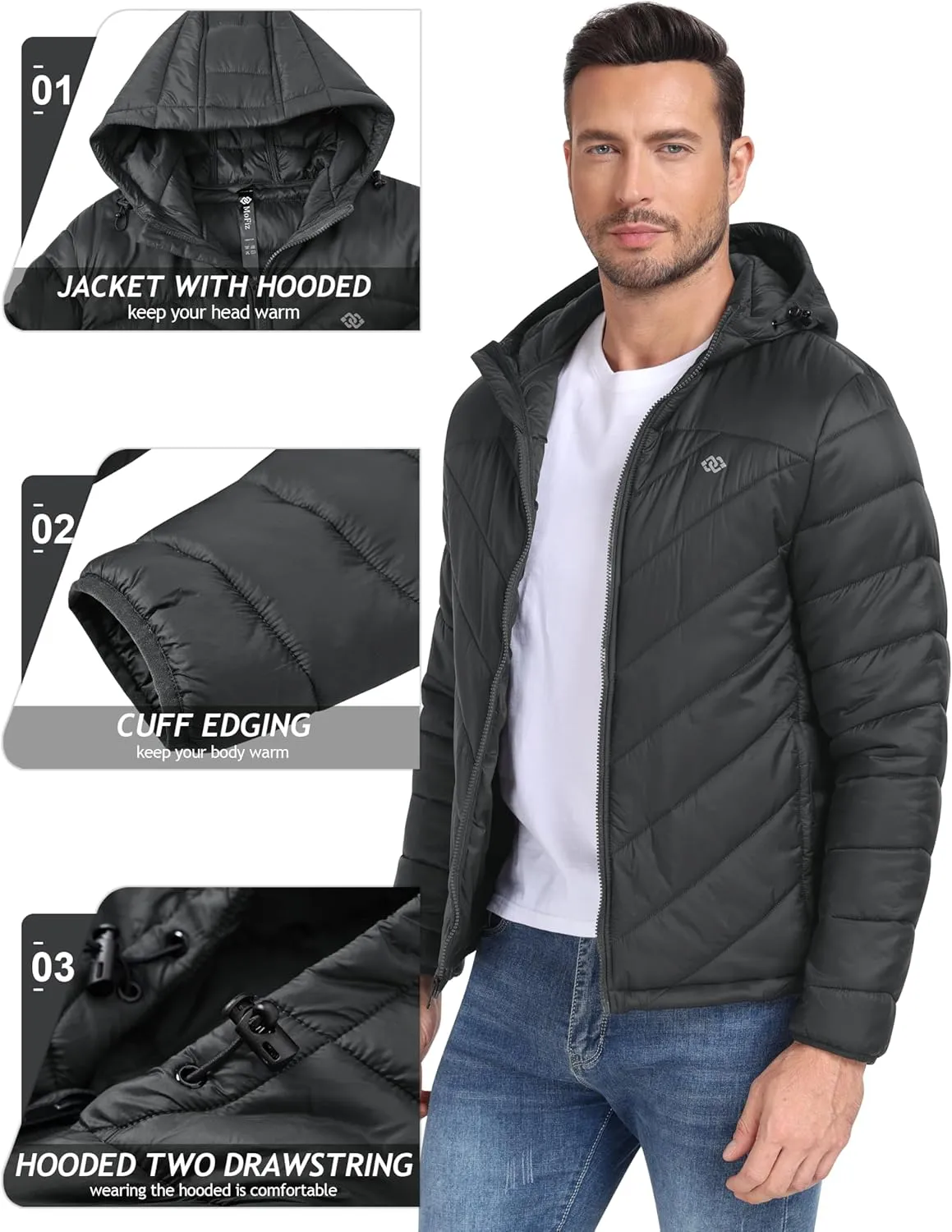 MoFiz Men's Lightweight Puffer Jacket Hooded Insulated Winter Puffy Coat Full Zip Water Resistant Windproof Hiking Jacket