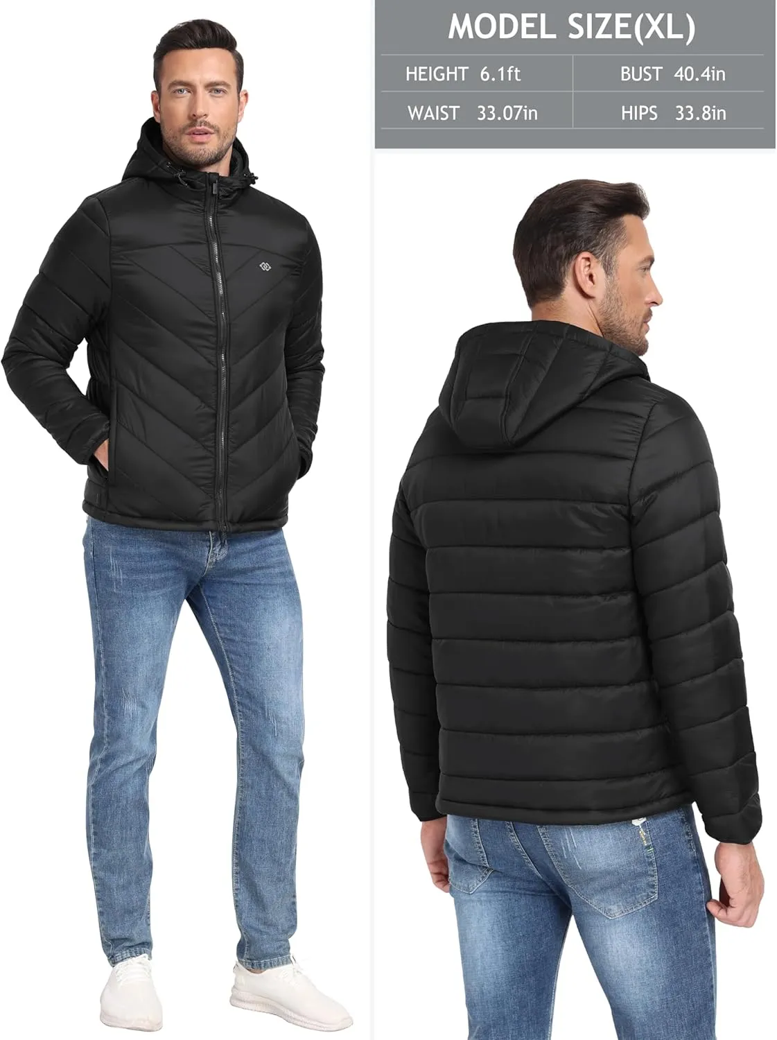 MoFiz Men's Lightweight Puffer Jacket Hooded Insulated Winter Puffy Coat Full Zip Water Resistant Windproof Hiking Jacket