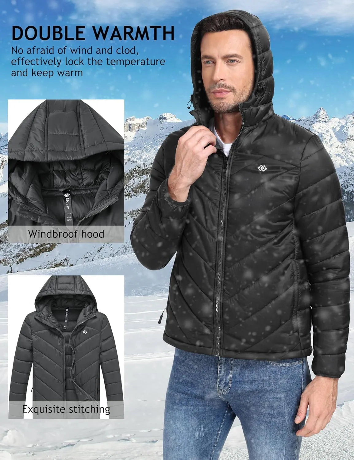 MoFiz Men's Lightweight Puffer Jacket Hooded Insulated Winter Puffy Coat Full Zip Water Resistant Windproof Hiking Jacket