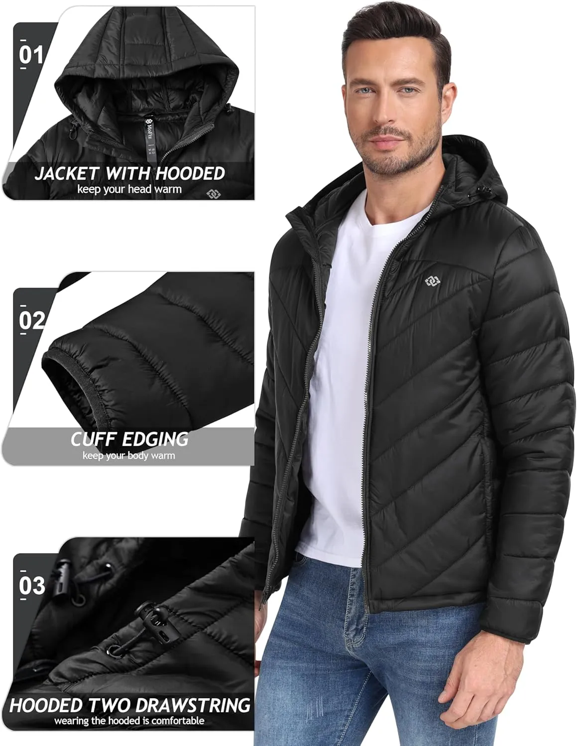MoFiz Men's Lightweight Puffer Jacket Hooded Insulated Winter Puffy Coat Full Zip Water Resistant Windproof Hiking Jacket