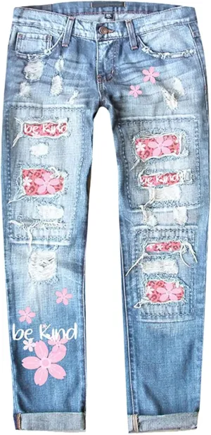 Muyise Women High Waist Skinny Stretch Ripped Jeans Sunflower Patch Destroyed Straight Leg Boyfriend Denim Pants with Pockets