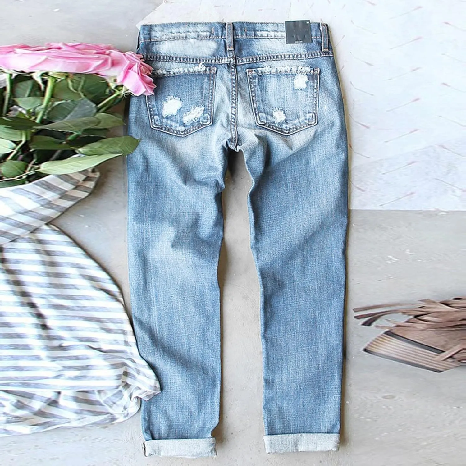 Muyise Women High Waist Skinny Stretch Ripped Jeans Sunflower Patch Destroyed Straight Leg Boyfriend Denim Pants with Pockets