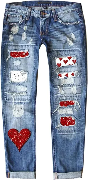 Muyise Women High Waist Skinny Stretch Ripped Jeans Sunflower Patch Destroyed Straight Leg Boyfriend Denim Pants with Pockets