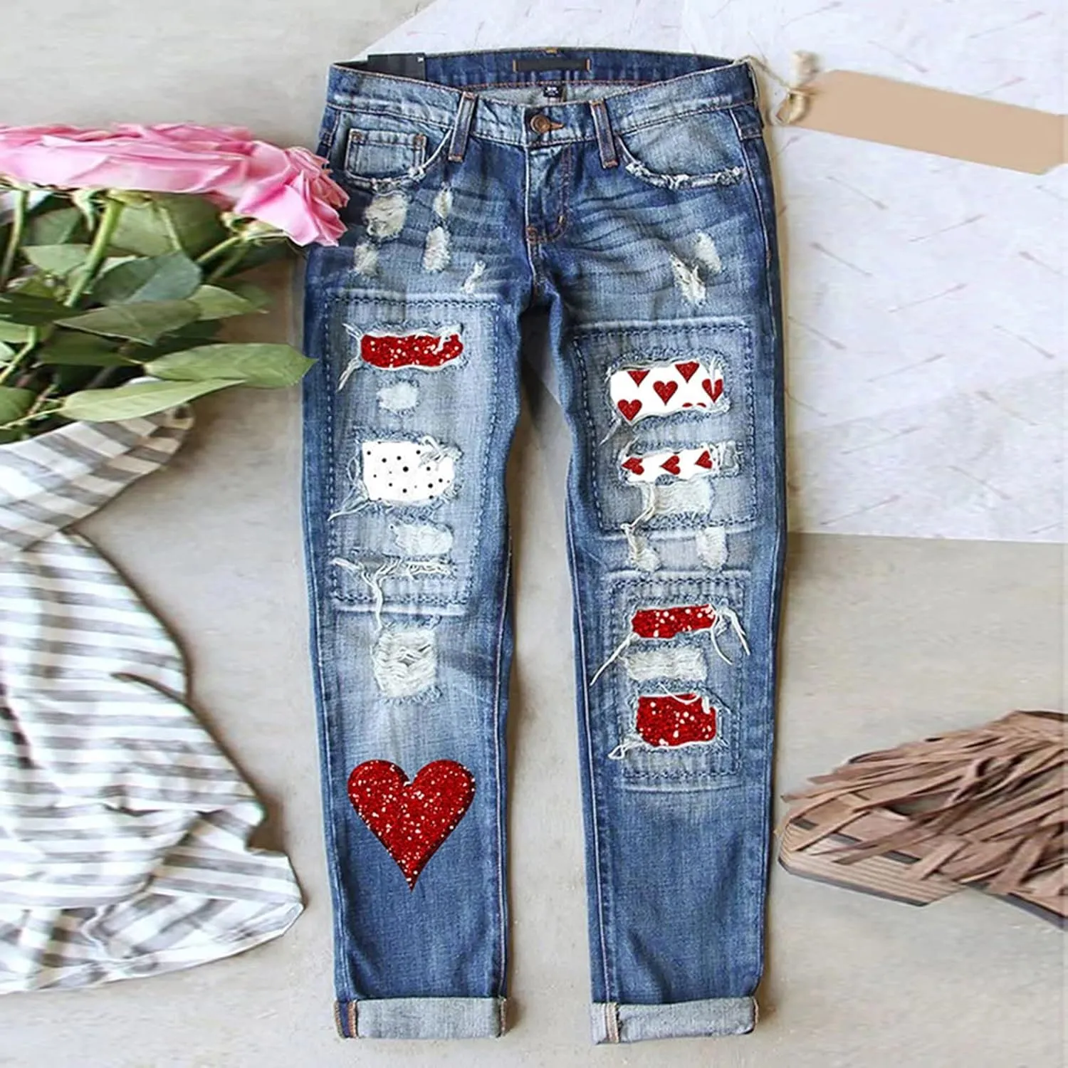 Muyise Women High Waist Skinny Stretch Ripped Jeans Sunflower Patch Destroyed Straight Leg Boyfriend Denim Pants with Pockets