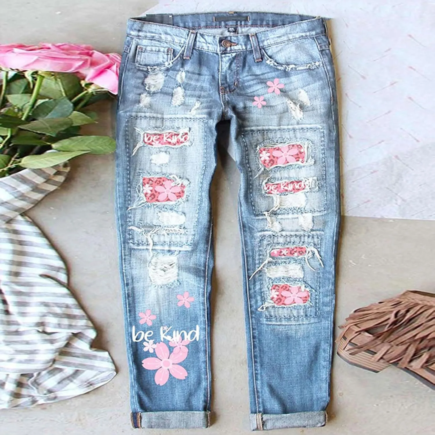 Muyise Women High Waist Skinny Stretch Ripped Jeans Sunflower Patch Destroyed Straight Leg Boyfriend Denim Pants with Pockets