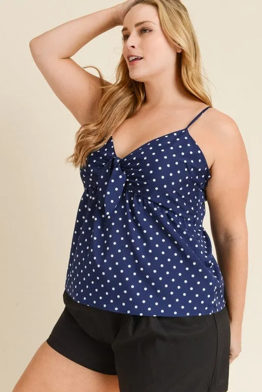 Navy & White Polka Dot Tie-Front Cami Top - Size 2X