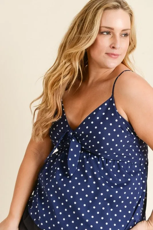 Navy & White Polka Dot Tie-Front Cami Top - Size 2X