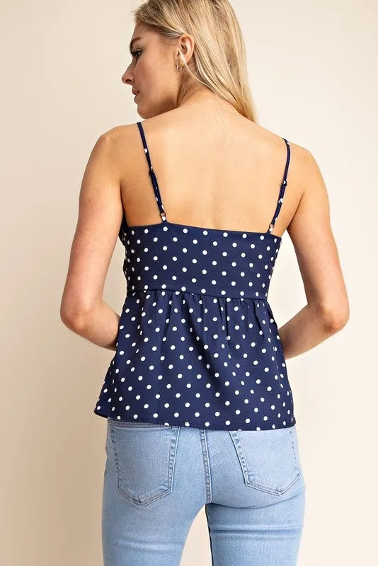 Navy & White Polka Dot Tie-Front Cami Top - Size 2X