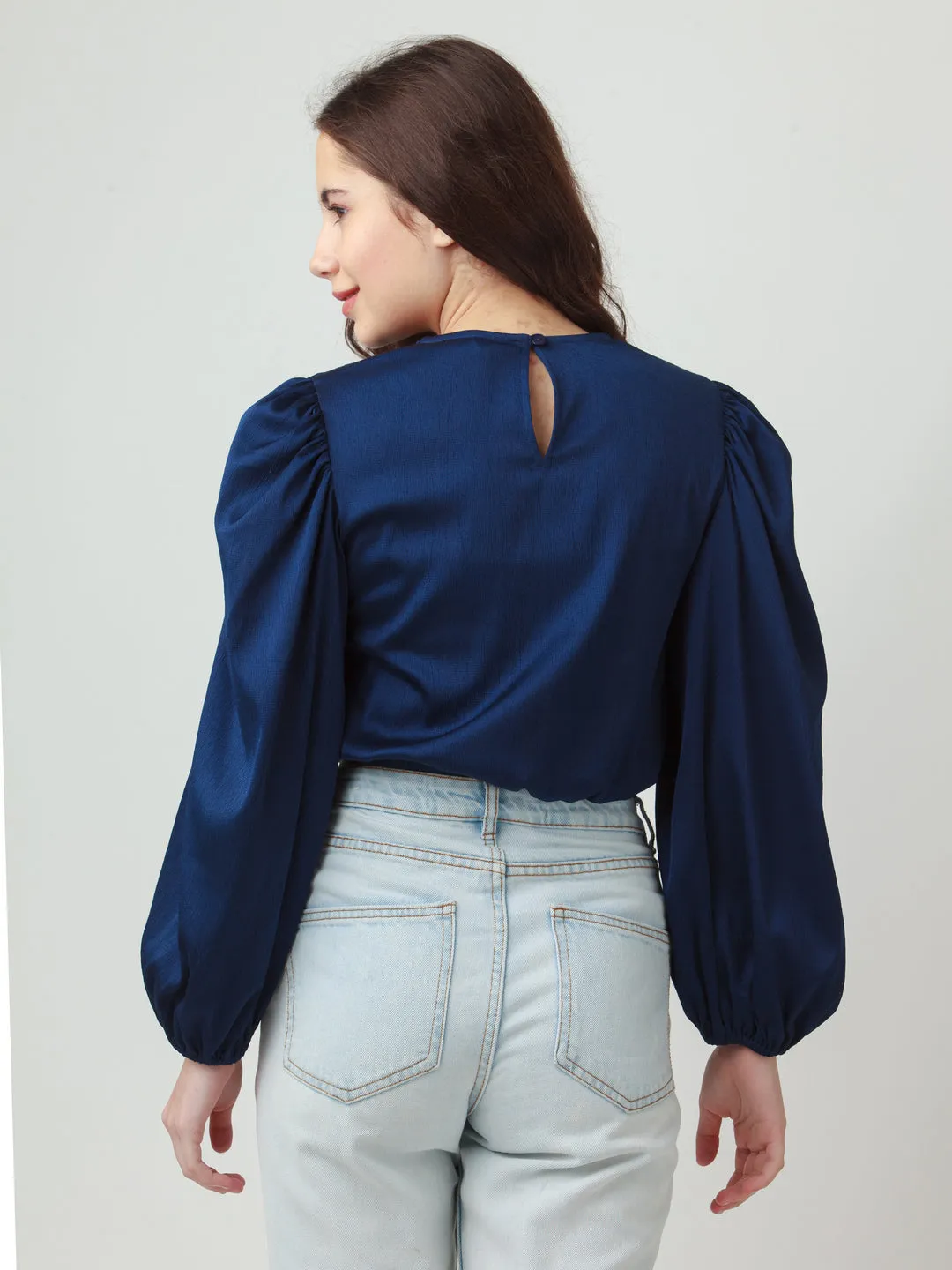 Navy Blue Solid Puff Sleeve Top