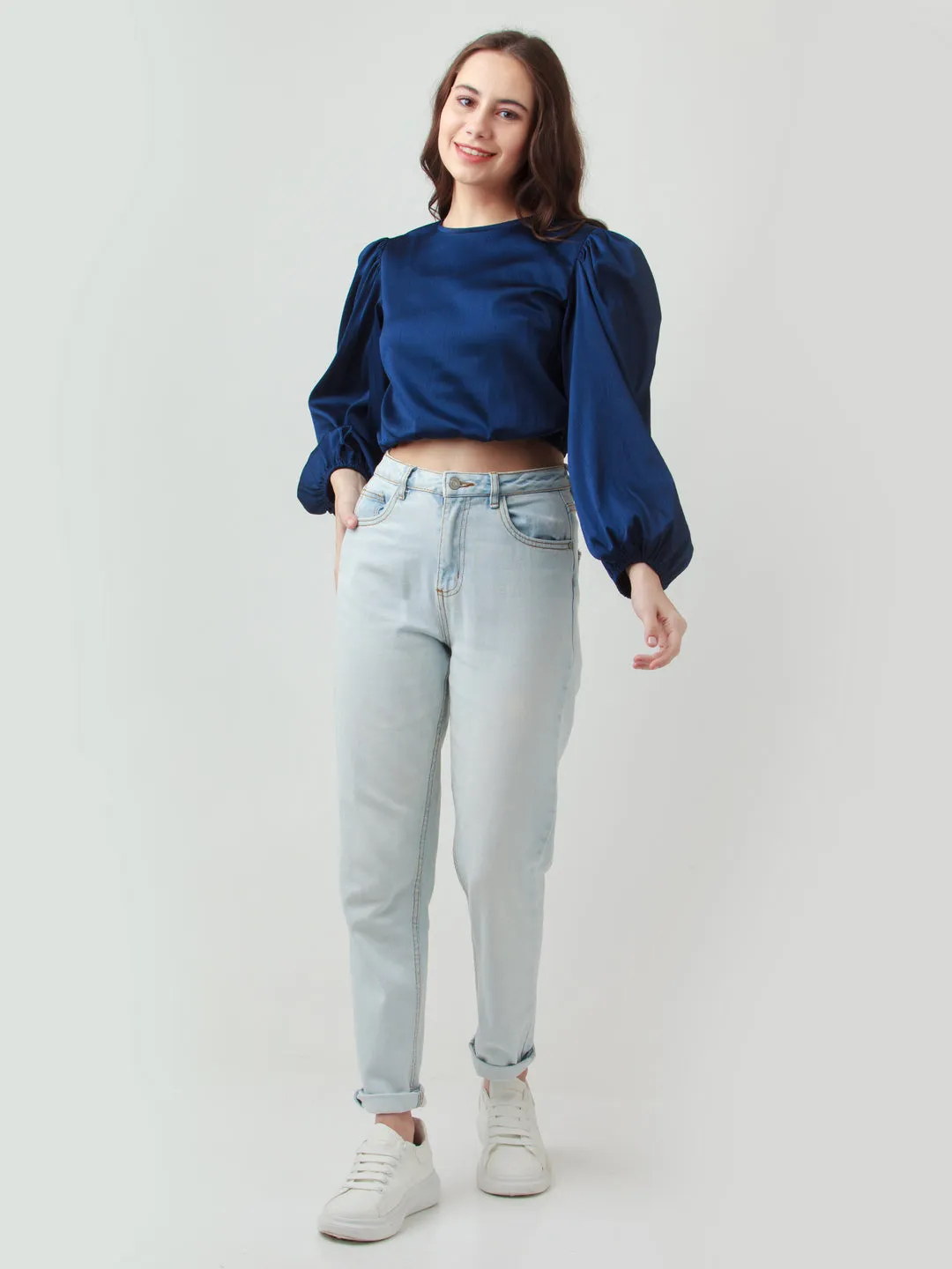 Navy Blue Solid Puff Sleeve Top