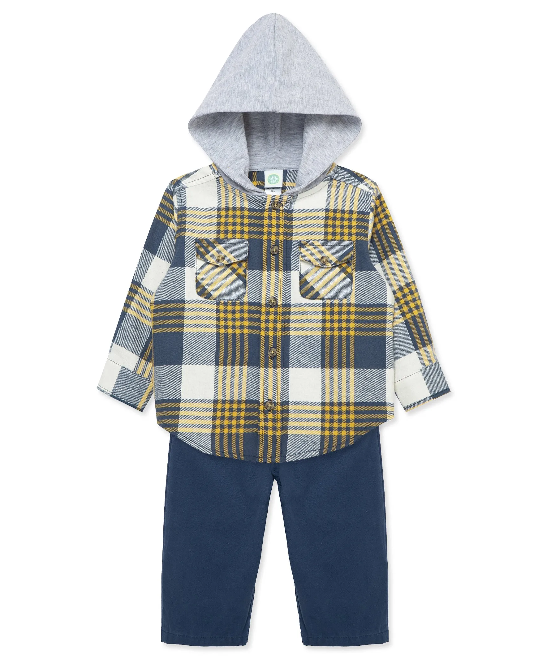 Navy Plaid Woven Pant Set (2T-4T)