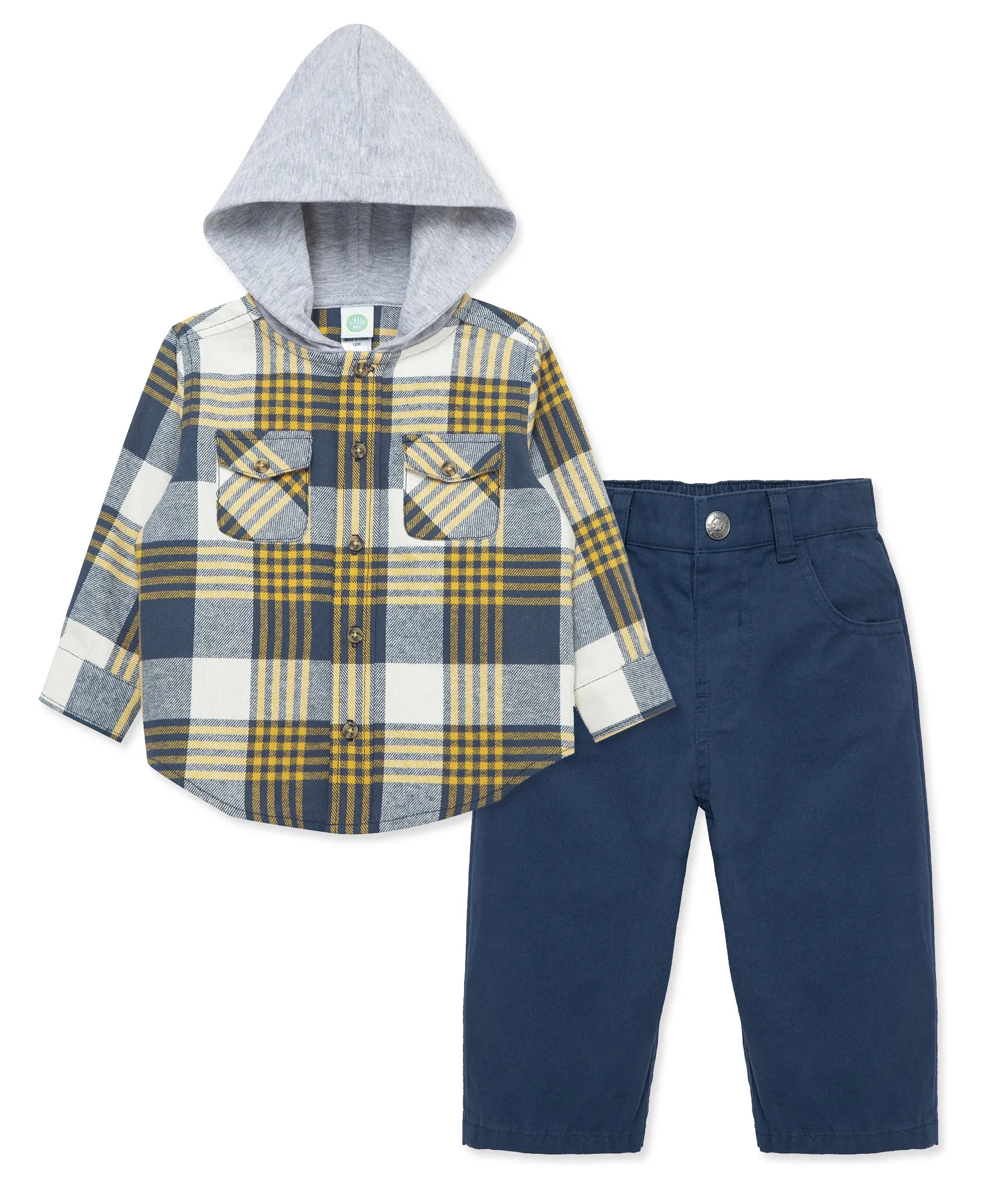 Navy Plaid Woven Pant Set (2T-4T)