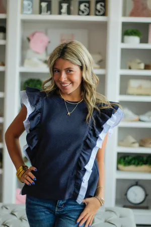 Navy Ruffle Quilted Top