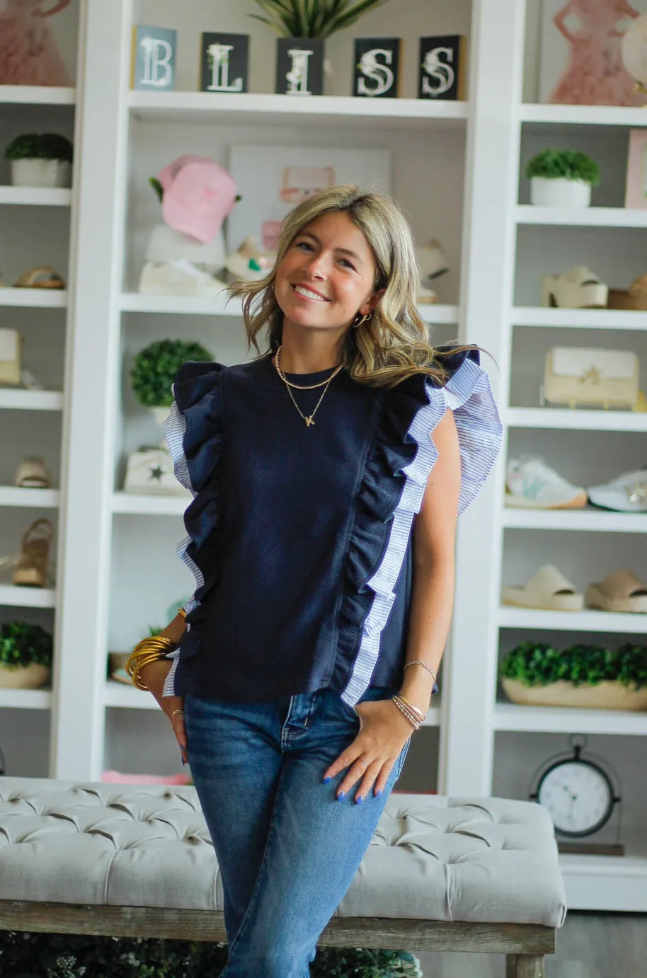 Navy Ruffle Quilted Top