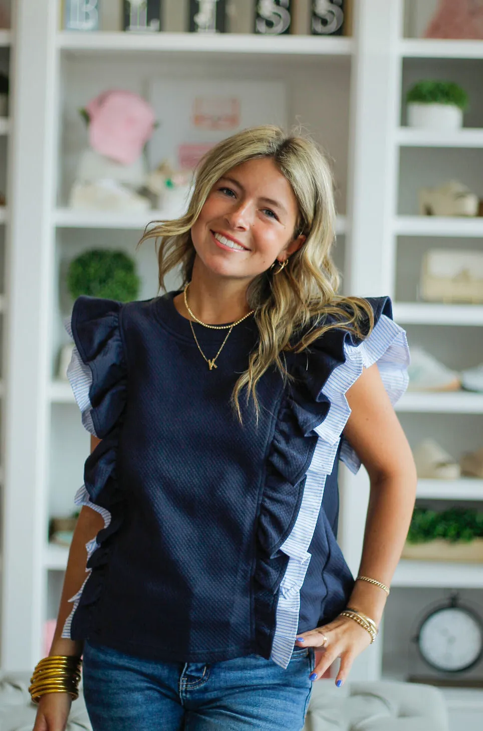 Navy Ruffle Quilted Top