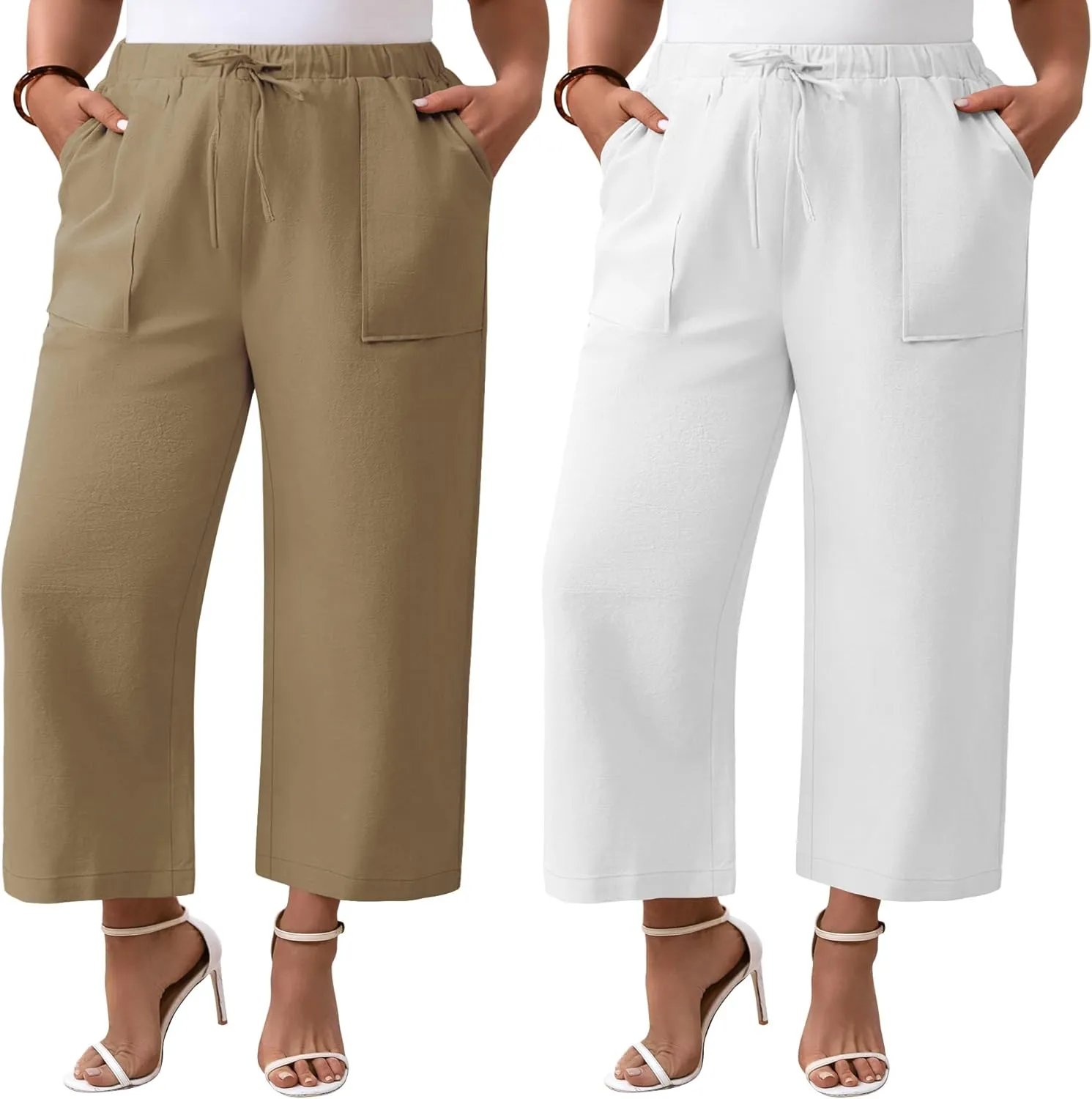 Neer 2 Pack Womens Plus Size Linen Pants, Casual Summer Beach Pants with Pocket Drawstring High Waisted Loose Trouser