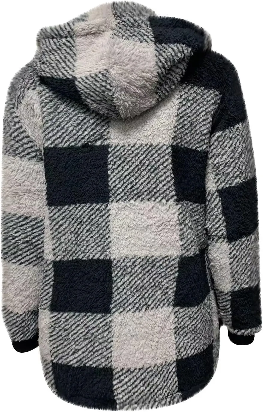 Oversized Sherpa Jacket Women Plus Size Plaid Fleece Full Zip Winter Coat Comfy Fuzzy Cardigan Sweater Hooded Outwear