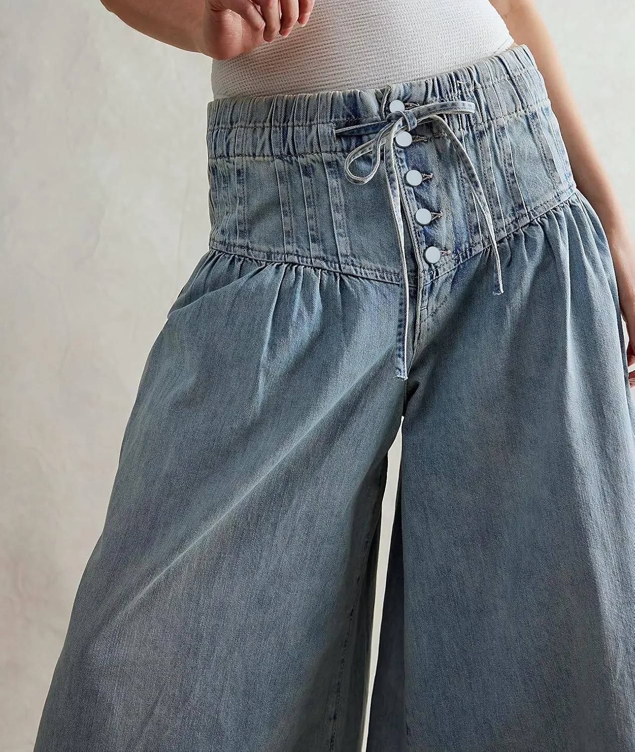 Palazzo Jeans for Women Elastic Mid Waist Wide Leg Jeans Loose Pull On Denim Pants with Drawstring