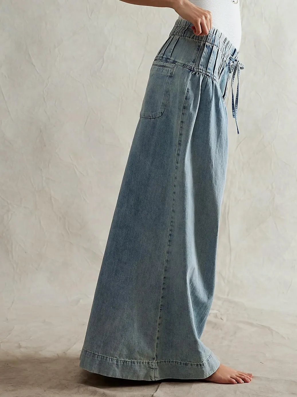 Palazzo Jeans for Women Elastic Mid Waist Wide Leg Jeans Loose Pull On Denim Pants with Drawstring