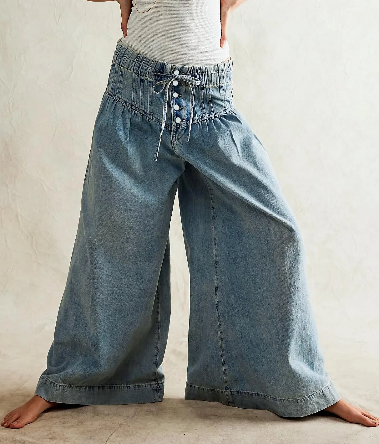 Palazzo Jeans for Women Elastic Mid Waist Wide Leg Jeans Loose Pull On Denim Pants with Drawstring
