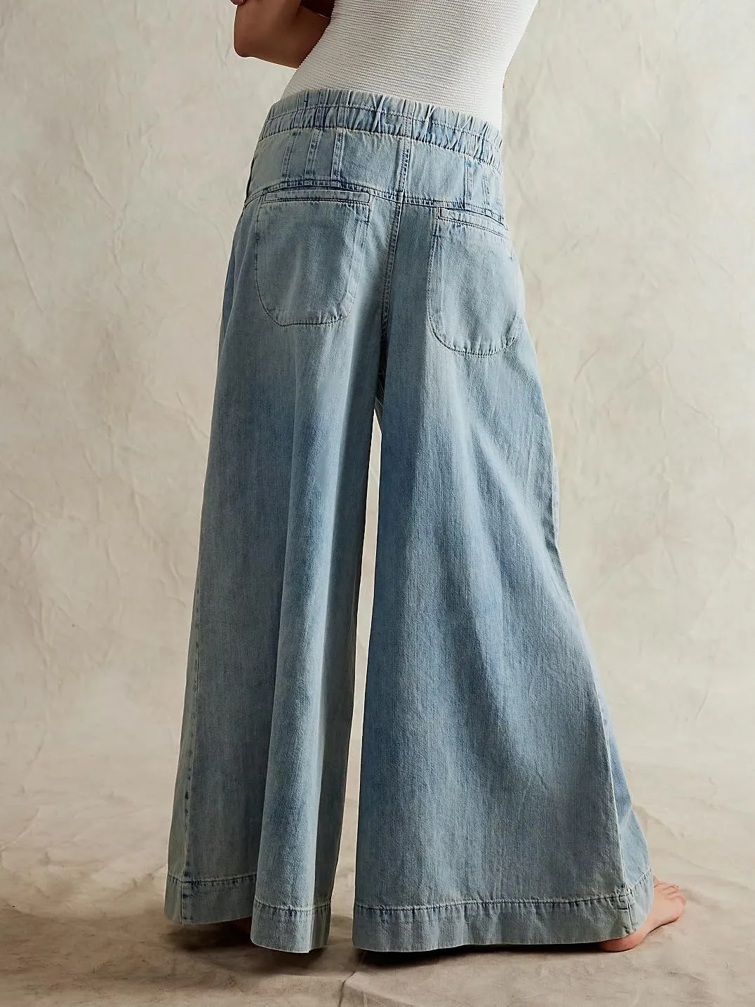 Palazzo Jeans for Women Elastic Mid Waist Wide Leg Jeans Loose Pull On Denim Pants with Drawstring