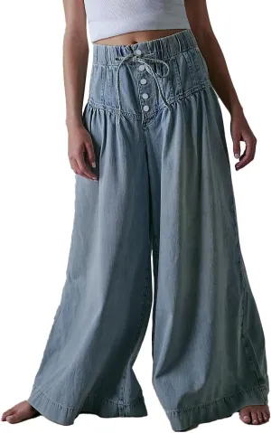 Palazzo Jeans for Women Elastic Mid Waist Wide Leg Jeans Loose Pull On Denim Pants with Drawstring