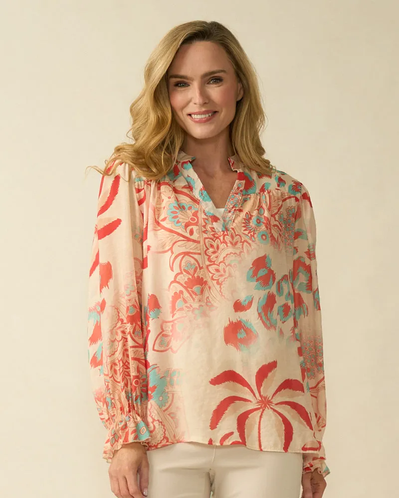Pastel Floral Print Blouse with V-Neck - Coral
