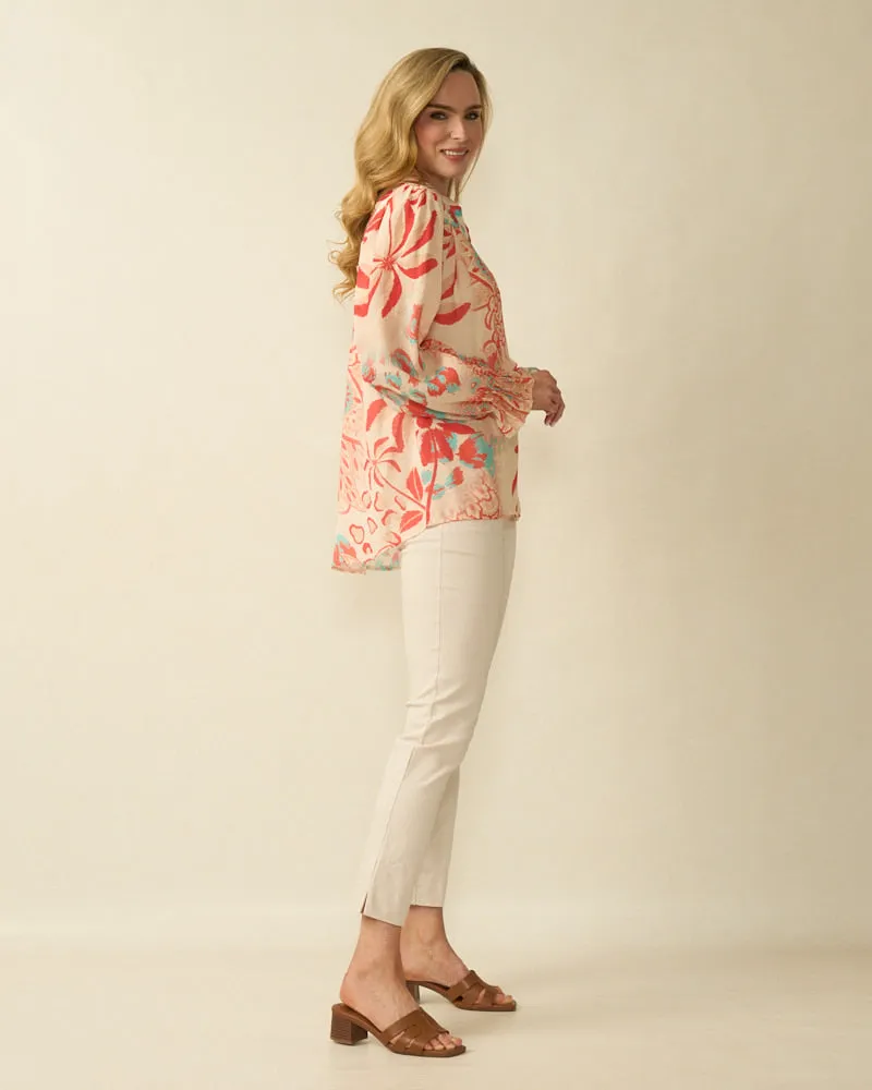 Pastel Floral Print Blouse with V-Neck - Coral