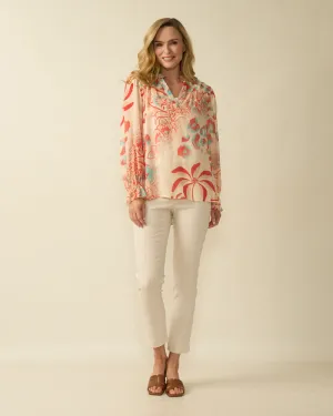 Pastel Floral Print Blouse with V-Neck - Coral