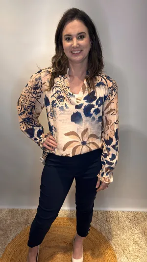 Pastel Floral Print Blouse with V-Neck - Navy